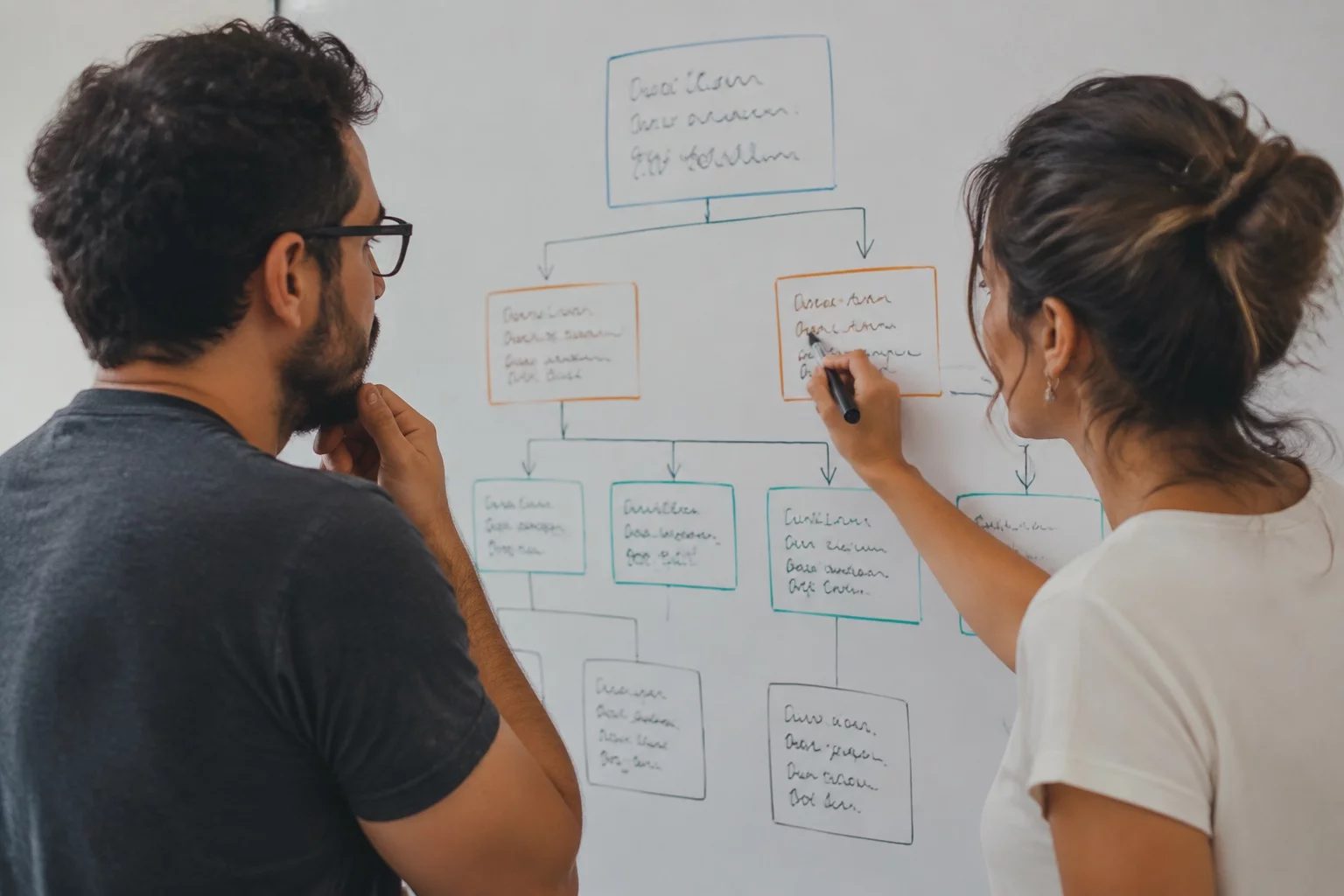 Duas pessoas diante de um quadro branco com um mapa de argumento desenhado à mão