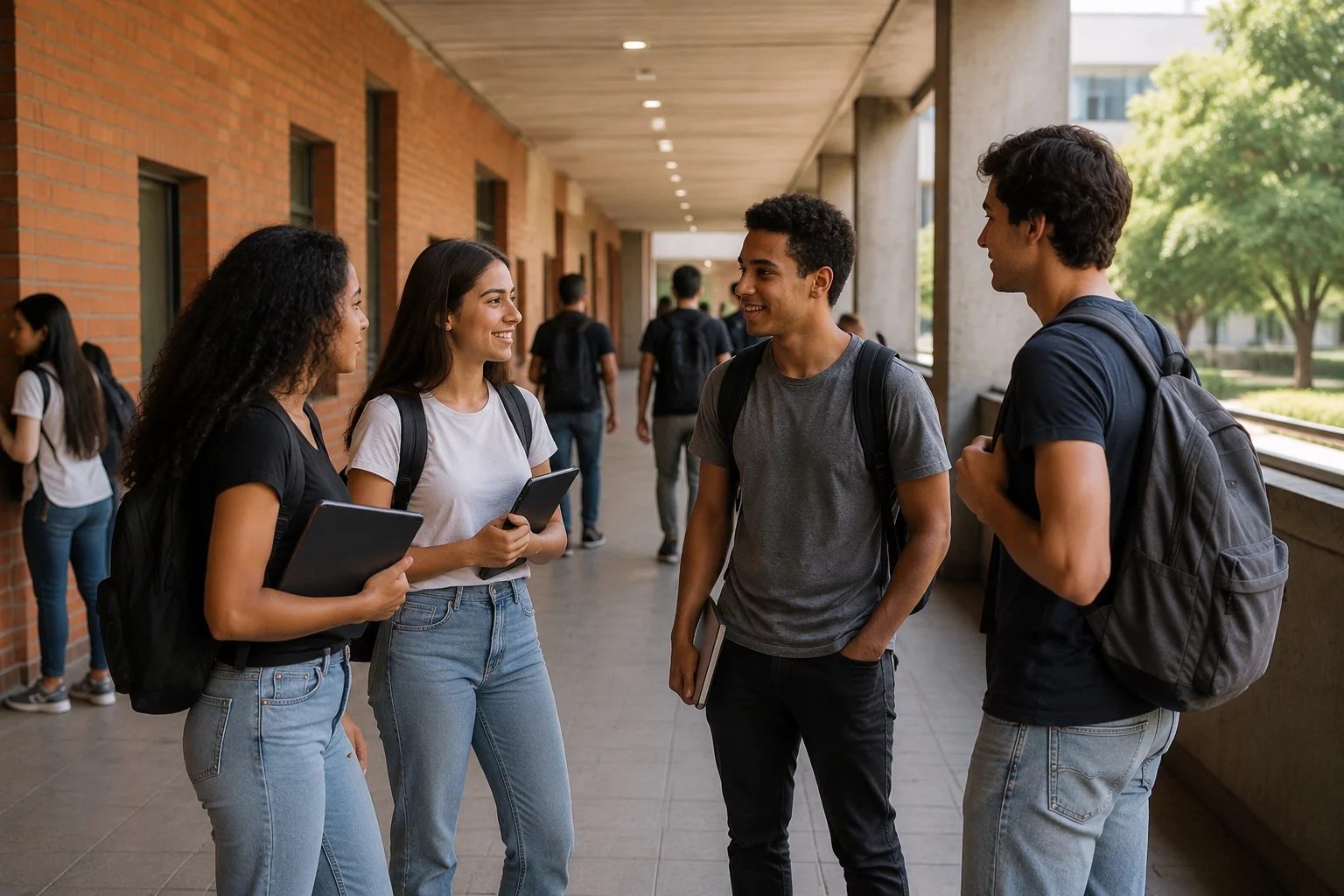Estudantes com mochilas conversando no corredor de uma universidade