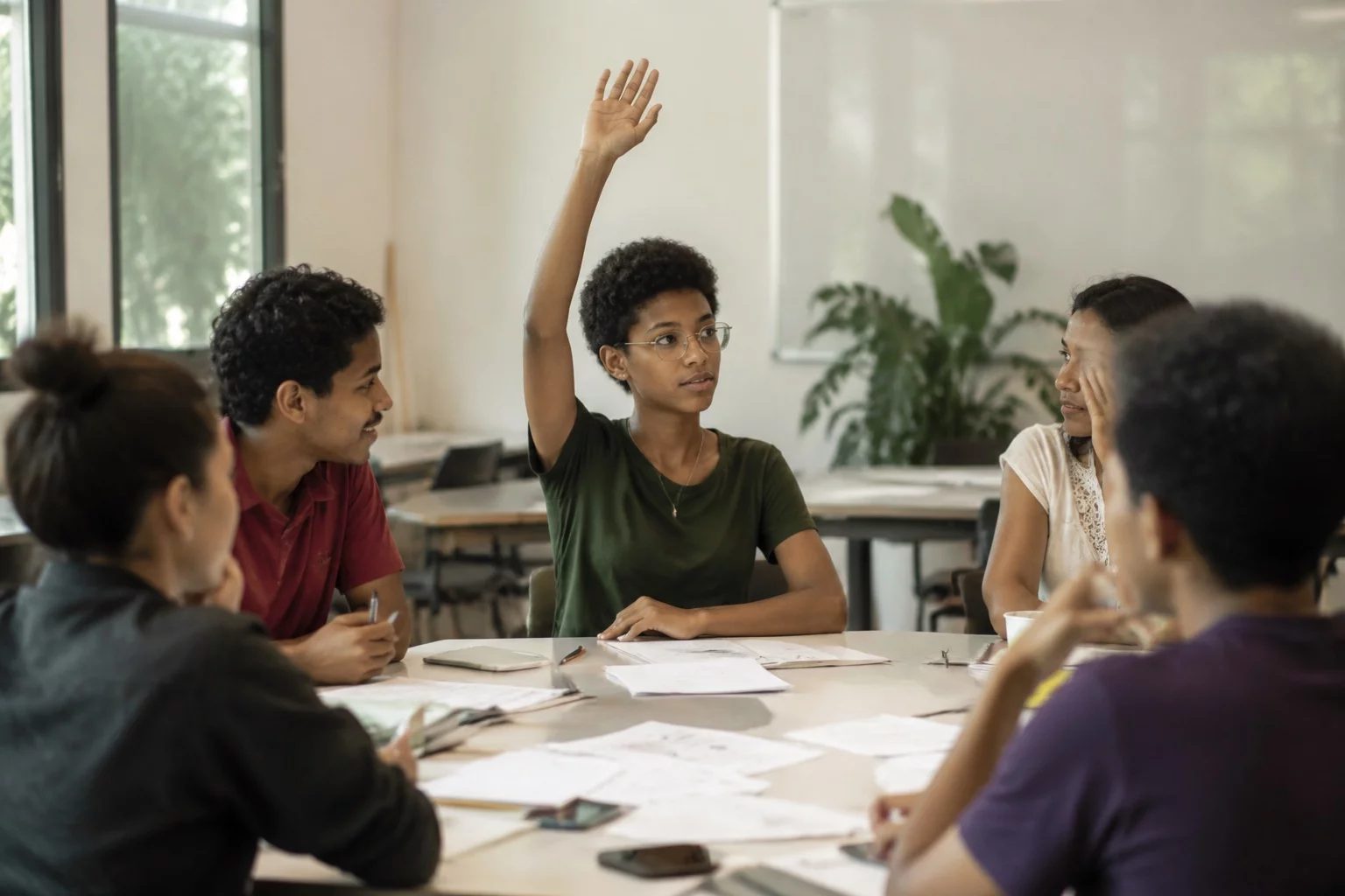 Estudante levantando a mão em uma mesa de seminário coberta de anotações