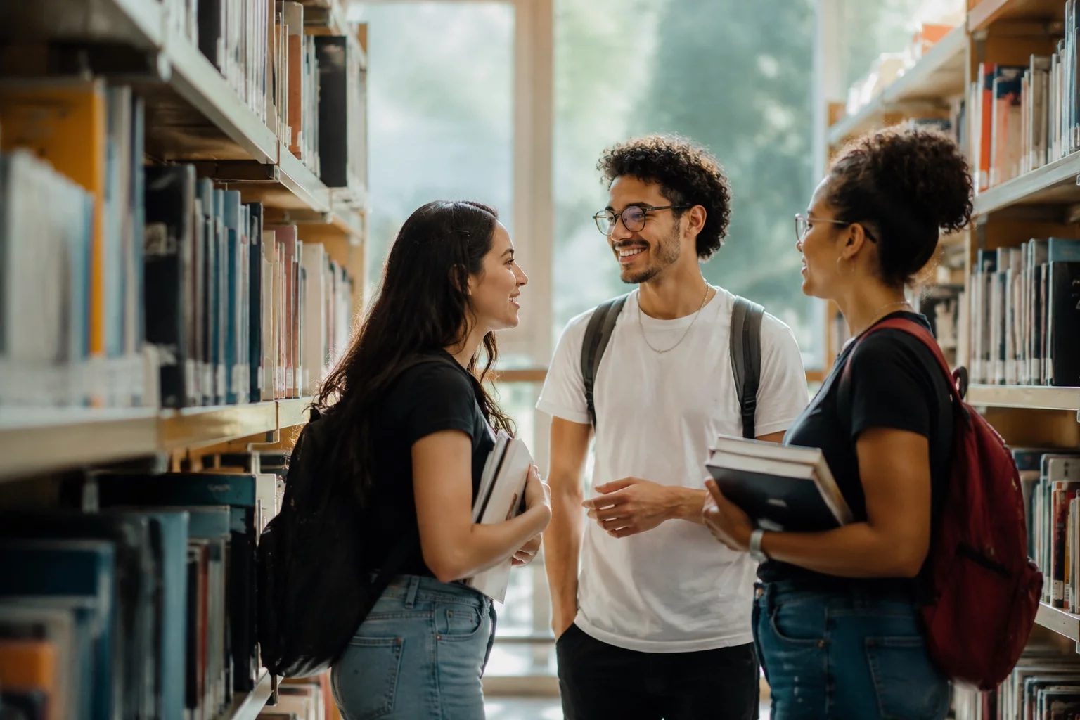 Estudantes conversando em pé entre as estantes de uma biblioteca