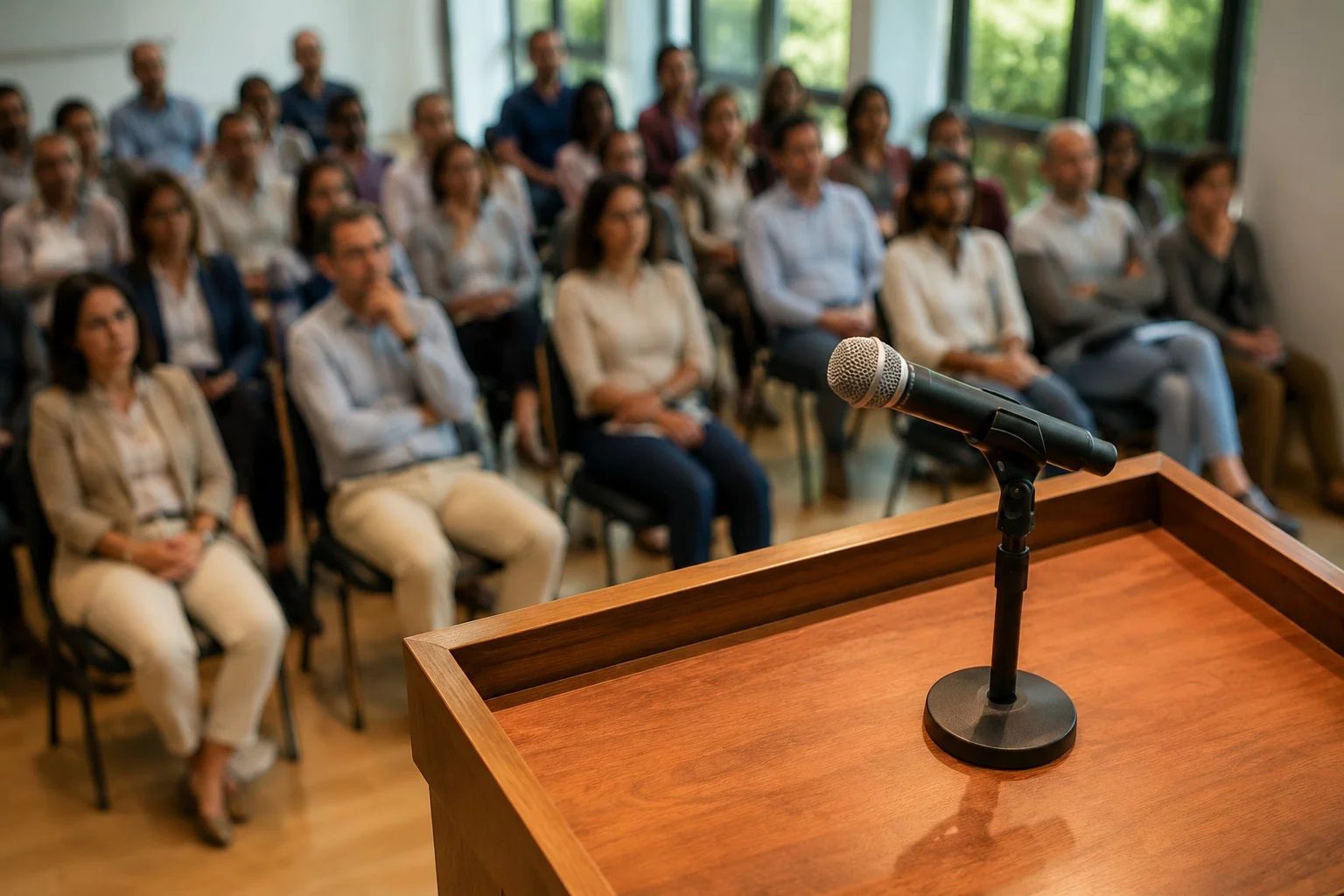 Microfone sobre uma tribuna, com a plateia sentada desfocada ao fundo