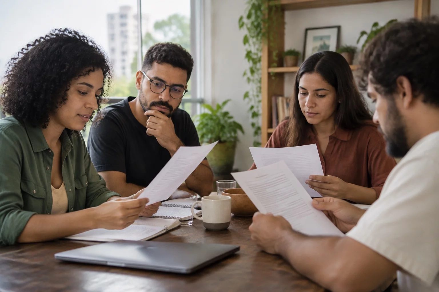 Grupo pequeno lendo páginas impressas de argumentos ao redor de uma mesa