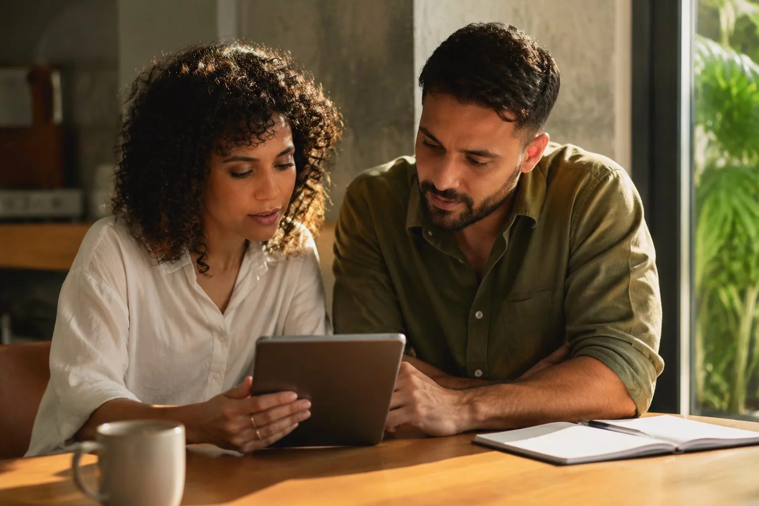Duas pessoas revisando anotações em um tablet sobre uma mesa de madeira