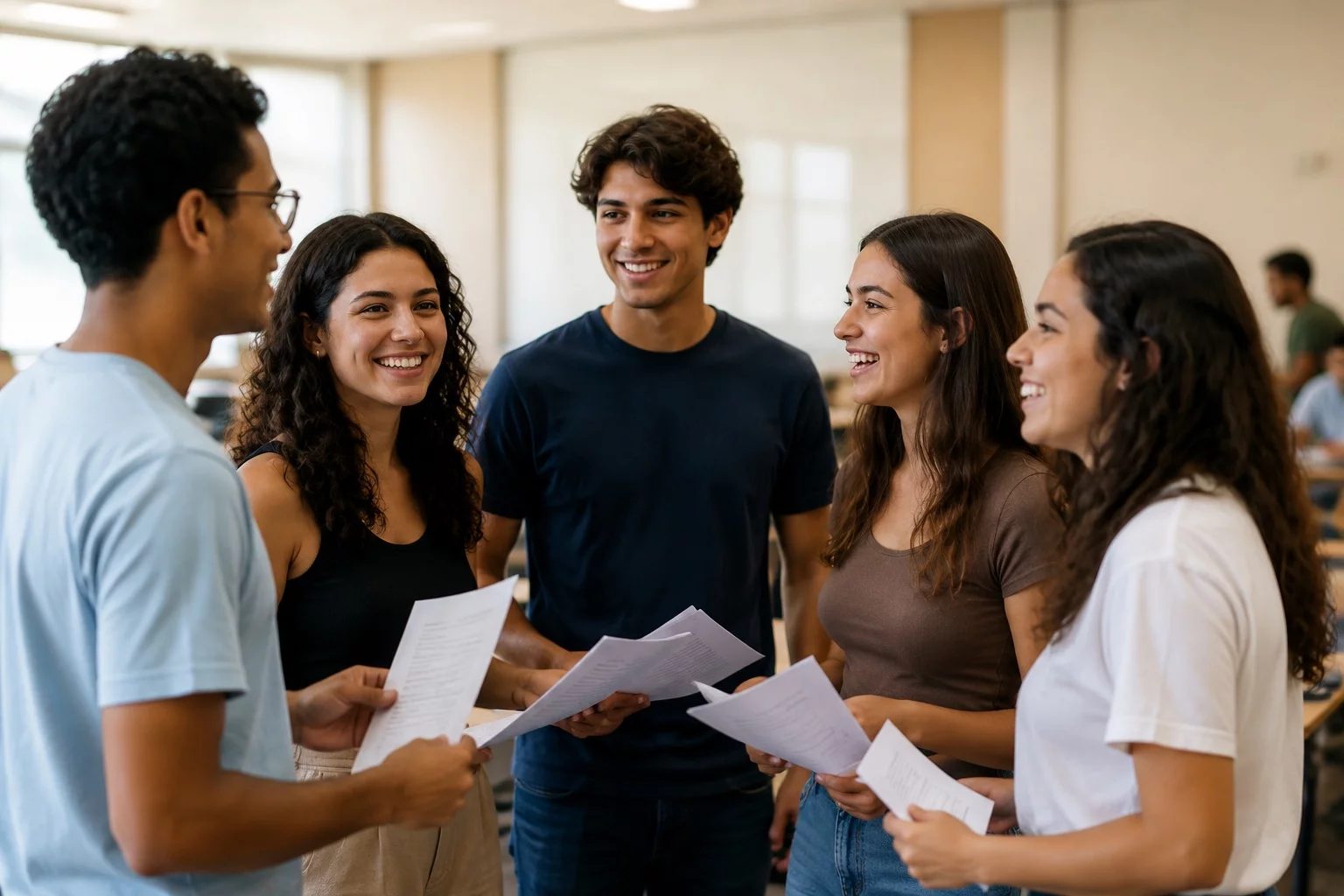Grupo sorrindo após uma rodada de debate, com papéis nas mãos
